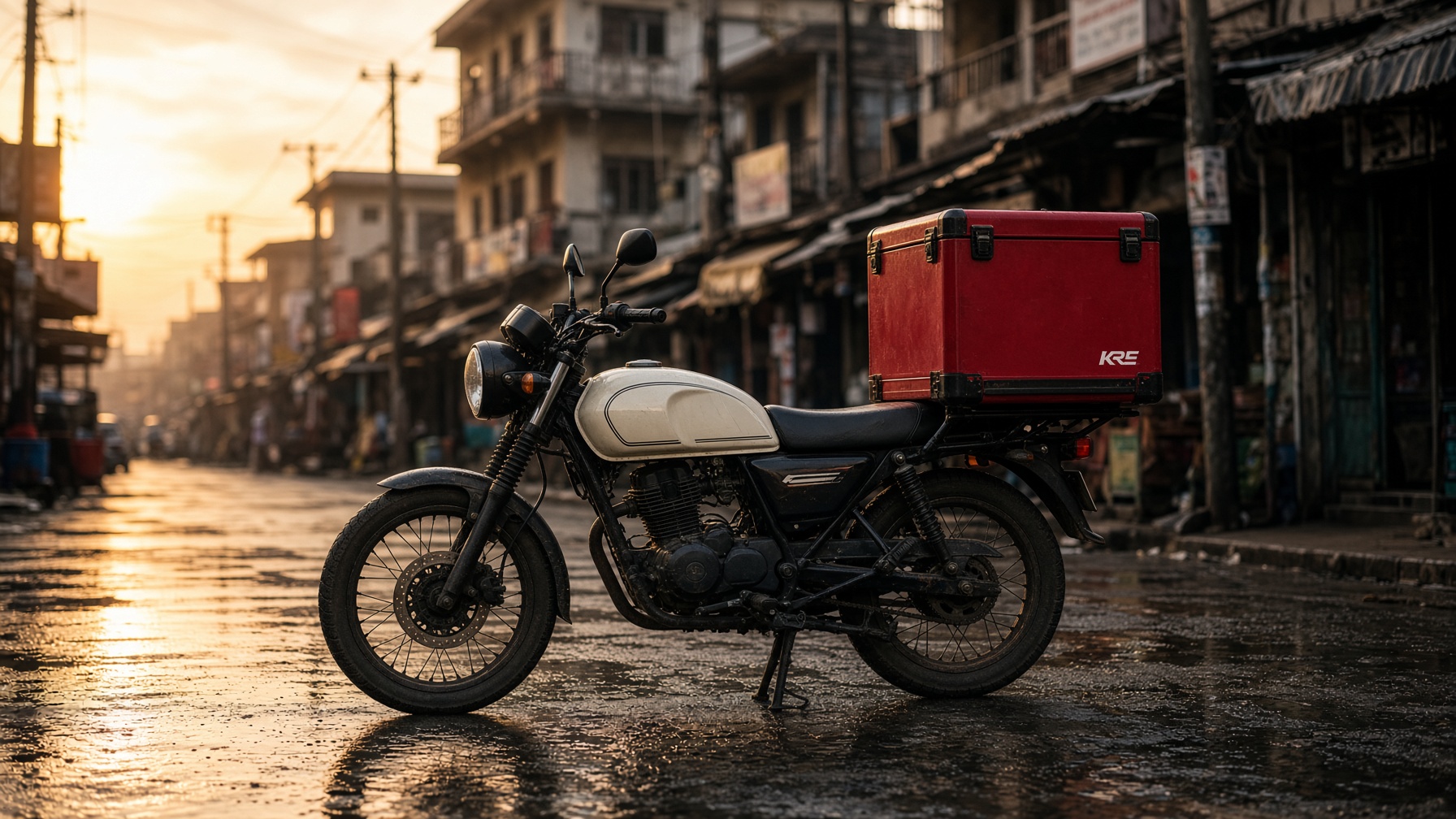 Kings Ride motorcycle with a crimson cargo box at dawn